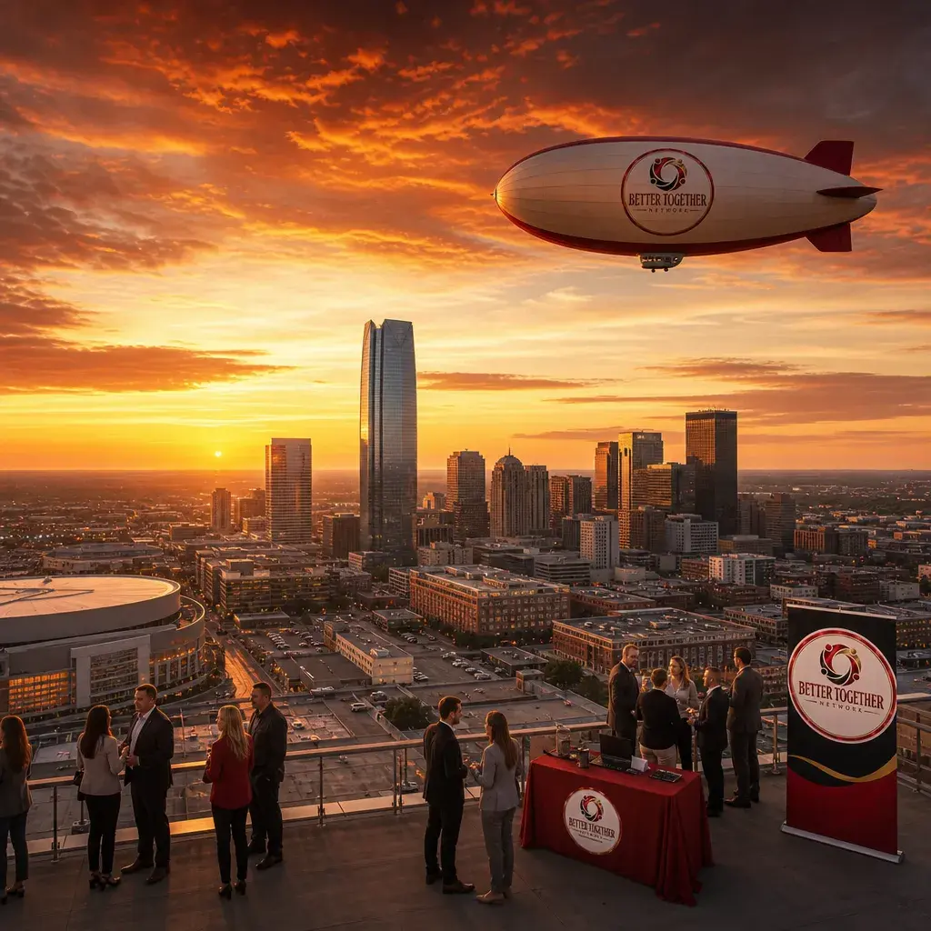 Illustration of a Better Together Network airship over the Oklahoma City skyline at sunset, above a rooftop reception